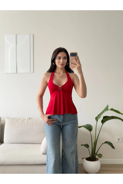 Zoom Butik Boyundan Geçmeli Aksesuar Crop - KIRMIZI