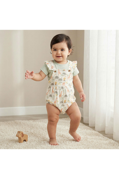 Juniors Round Neck Short Sleeves T-shirt and Dungaree Set with Safari Print