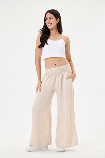 della moor Women's Beige Italian 100% Linen Elastic Waist Wide Leg Palazzo Tr...