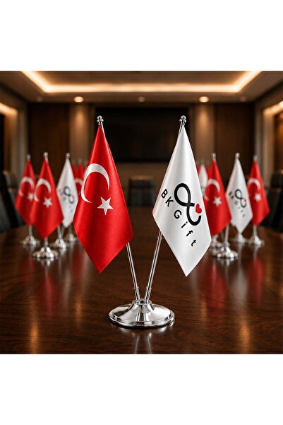 Bk Gift Logonuza Özel İkili Masaüstü Bayrak Seti Türk Bayrağı ve Firma Logolu...