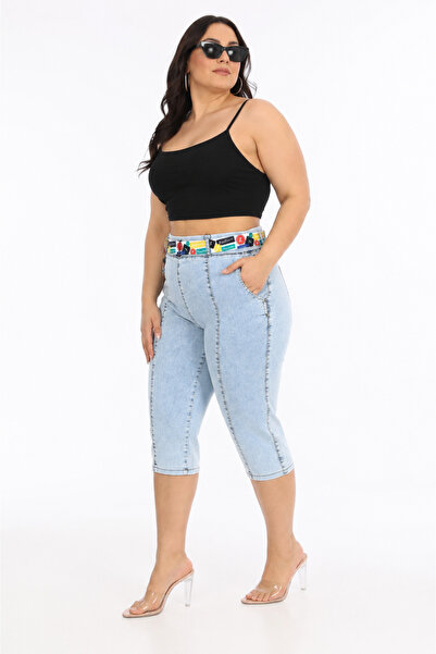 ZANESSI Plus Size Belted High Waist Wide Leg Pocket Denim Women's Capri