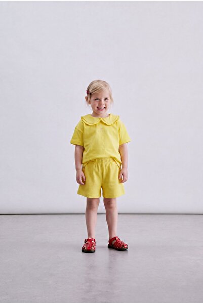 Magu Girl's Cotton Yellow Baby Collar Shorts Set