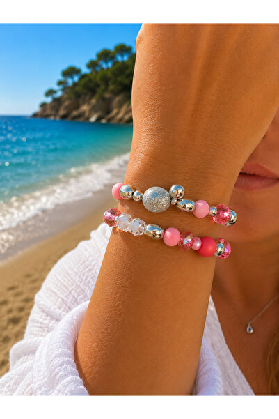 COCOSH TAKI Pink Silver White Beaded Multiple Combination Bracelet