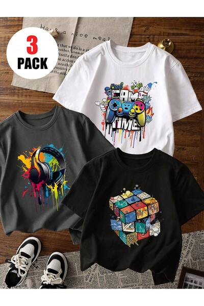 SVART WEAR Baskılı Siyah - Beyaz - Antrasit 3 Parça Çocuk Tişörtü %100 Pamuk ...