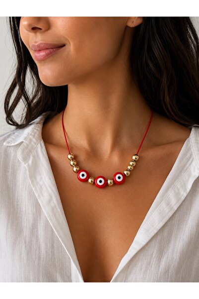 Kutcha Accessories Red Evil Eye Beaded Gold Detailed Design Necklace