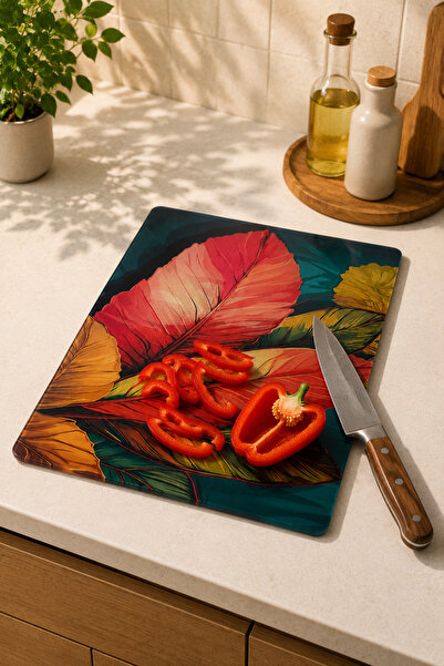 Cam Kesme Tahtası 25x35 cm Yaprak Desenli Kaydırmaz Ayaklı Dekoratif Sunum ve Kesim Tahtası