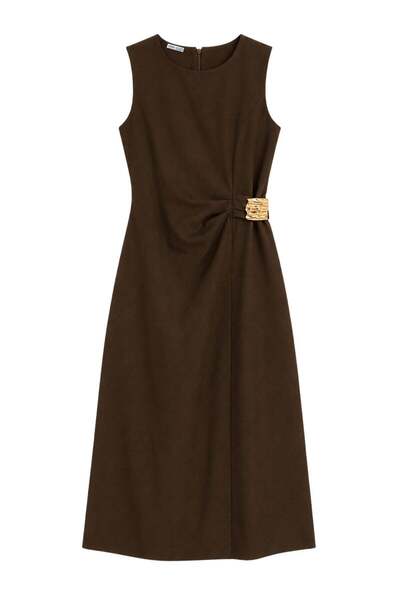Vadon 1020 Women's Gold Buckle Detailed Side Gathered Midi Dress Brown