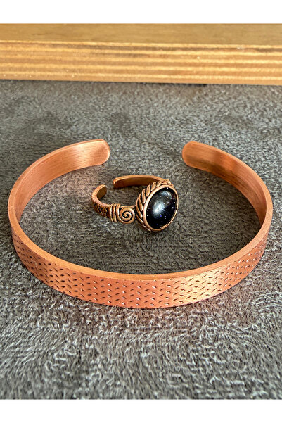 Rupen Kraft Handcrafted copper bracelet and natural stone ring set, adjustabl...