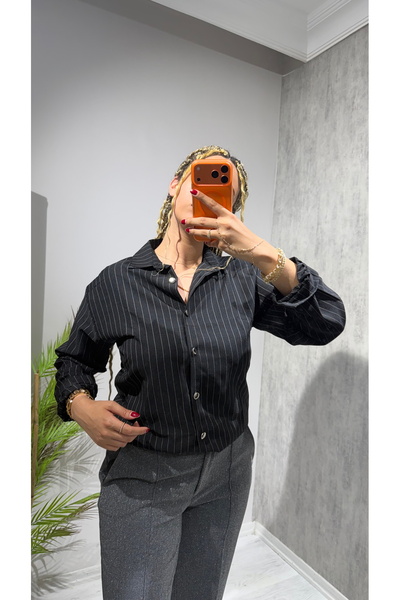 BELİS WEAR Women's Striped Shirt Classic Office Chic Vertical Striped Shirt