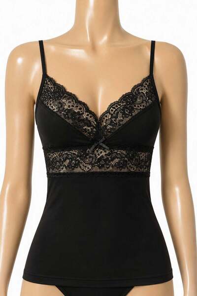 YILDIZ Lycra Adjustable Strap Lace Women's Undershirt Black 3-Pack