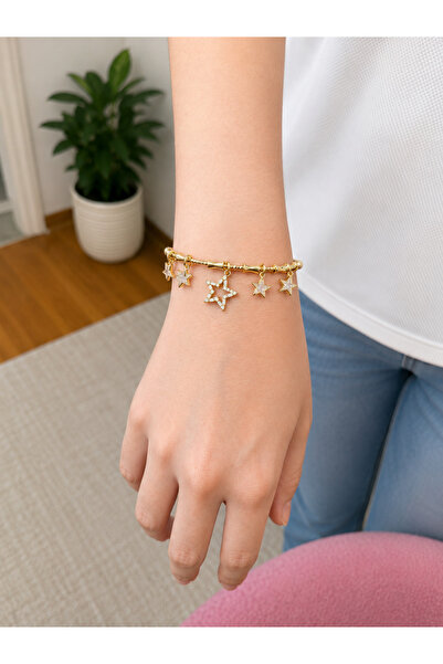 Lilith Takı Sparkling Star Figured Gold Handcuff Bracelet |   Stylish Women's...