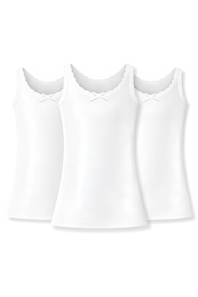 YILDIZ Ribana Girls' Lace Wide Strap White Undershirt 100% Cotton 3-Pack