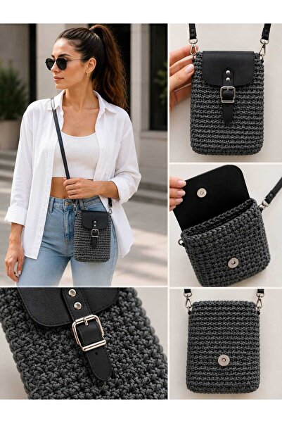 VitaMood Yaşam Hand Knitted Gray Women's Phone Bag – Stylish Crossbody Bag wi...