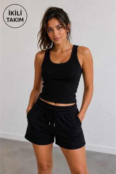 shop 2-Piece Set of Pocketed Shorts and Strappy Round-Neck Ribbed Camisole Cr...