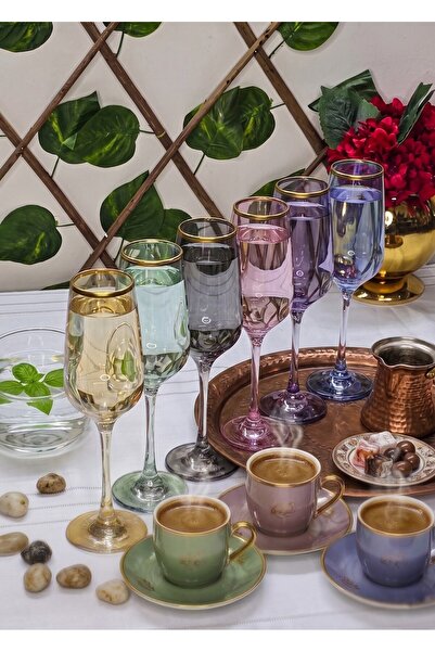 SEÇKİNEV Colorful Risus Footed Goblet, 6 Colorful 195Cc Volumes with Gold Det...