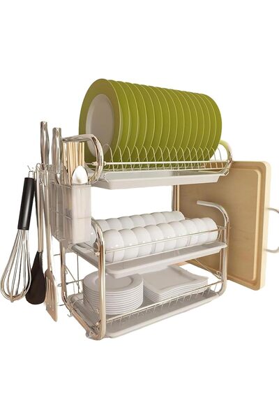 Generic Dish Drainer Rack, 3 Tier Dish Drainer with Drip Tray and Drainer Mat...