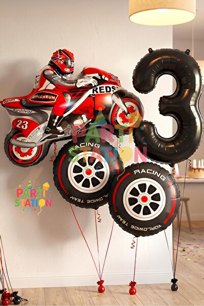 Parti Station Motorcycle Themed 3 Year Old Foil Balloon Set 4 Piece Motorcycl...