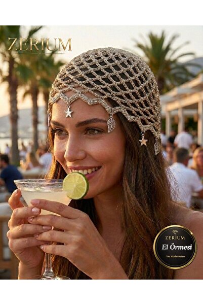 ZERİUM Handmade Women's Knitted Bohemian Hat Beach Club Style with Star and L...