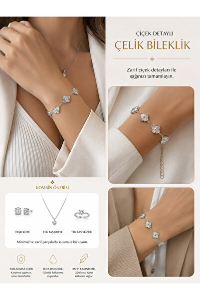 kasımoğulları concept Flower Motif Stainless Steel Bracelet – Silver Color
