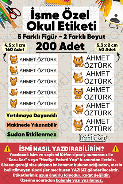 hdsticker 200 Adet Kedi Desenli İsme Özel Okul Etiketi Kişiye Özel İsim Baskı...