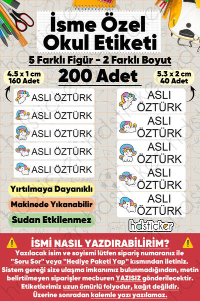 hdsticker 200 Adet Unicorn Desenli İsme Özel Okul Etiketi Kişiye Özel İsim Ba...