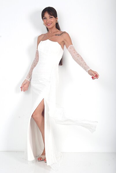 By Saygı Women's Strapless Collar Lined Draped Side-Pocketed Lez Lace Long Dress