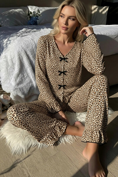 kapsulavm Women's Long-Sleeve Leopard Printed Bow-Detail Loungewear Pajama Set