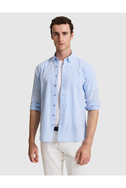 Pierre Cardin Buz Mavi Keten Karışımlı Regular Fit Uzun Kollu Erkek Gömlek 50...