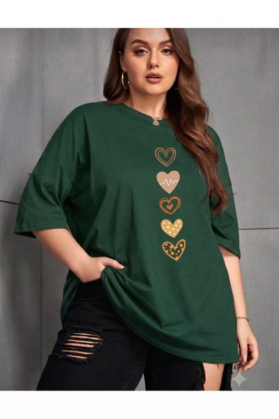 HEAVEN WEAR YEŞİL Palo Santo KADIN BÜYÜK BEDEN KALP BASKILI TSHİRT