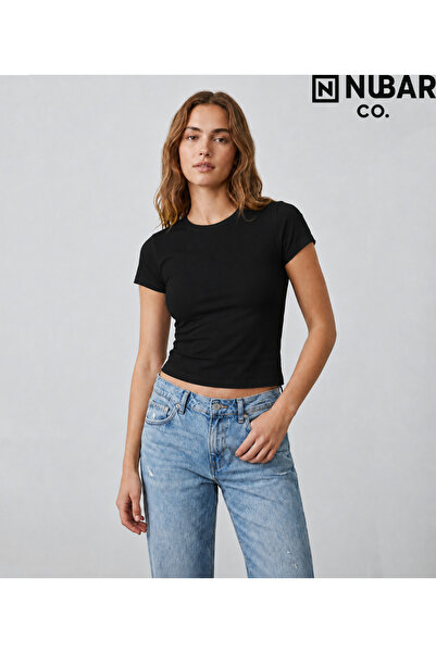 Grafftee Clothing Women's Black Crew Neck Slim Fit Stretch Fabric Basic Cropp...