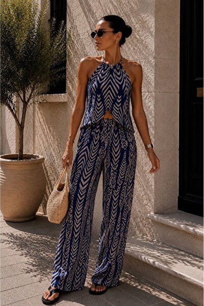 sharin Women's Summer Halter Neck Navy Blue White Viscose Double Blouse Trous...