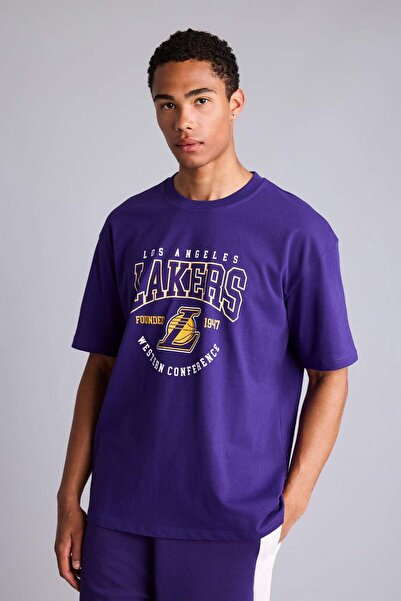 DeFacto Nba Los Angeles Lakers Licensed Overshirt Fit Short Sleeve Purple T-S...