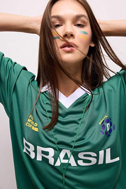 DeFacto Fifa Oversized V-Neck Printed Short Sleeve T-Shirt I1987Ax26Hs