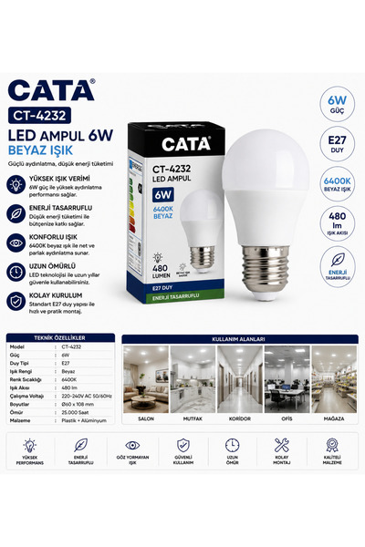 Cata CT-4232 LED Ampul 6W Beyaz 6400K E27 Enerji Tasarruflu Ampul