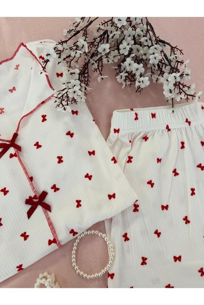 MH Moony Homewears طقم بيجامة صيفي بأكمام قصيرة وشريط أحمر من ماركي