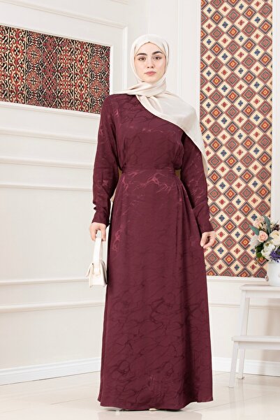 Sevitli Tie-Waist Jacquard Evening Dress-Bordo