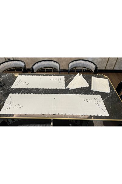 Tropikhome Brode Nakışlı 5 Parça Keten Efektli Amerikan Servis Supla Ve Runner Seti, Sehpa Üstü Runner