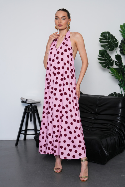 NAVY Halter Neck Backless Polka Dot Long Dress