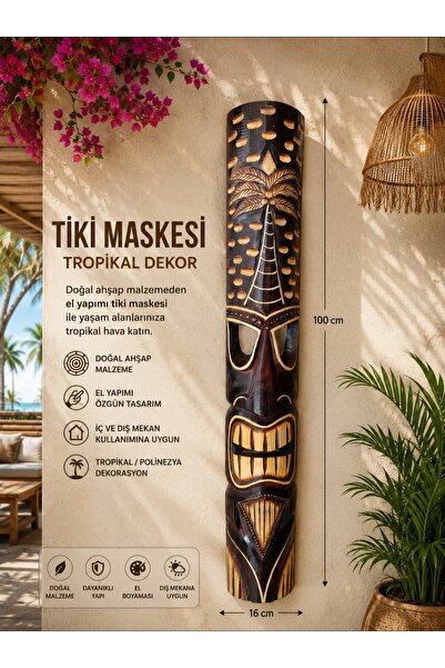 WoodBay El Yapımı Ahşap Tiki Maskesi Duvar Dekoru 100x16 cm Tropikal Polinezy...