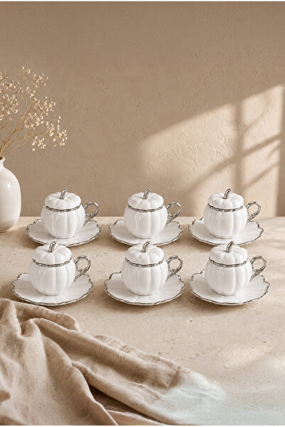Vadi Pumpkin Design Porcelain Turkish Coffee Cup Set for 6 People with Silver...