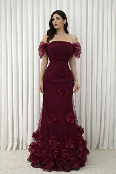shahad fashion 3D Burgundy Rose Style Evening Gown, Softness and Femininity w...