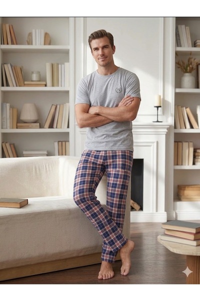 Erkek Pijama Takımı Pamuklu Kareli Alt Gri Süprem Loungewear Ev Giyimi