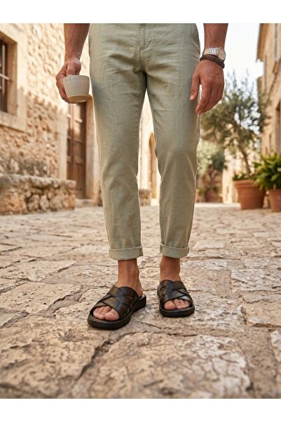 MERİSER Genuine Leather Inside and Outside Orthopedic Men's Slippers Sandals