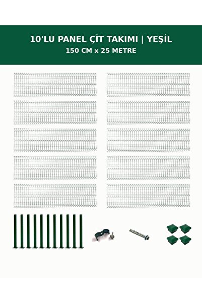 DİĞER1111 10'lu Panel Çit Takım + 1 Direk 25 Metre 150cm Yükseklik Yeşil Renk