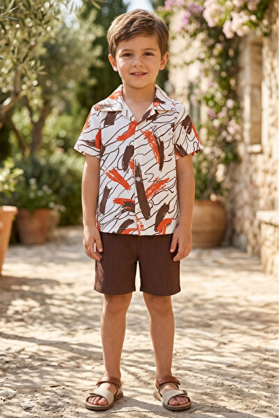 TOFİSA Boy's Brown Patterned Double Suit - 1510-Brown