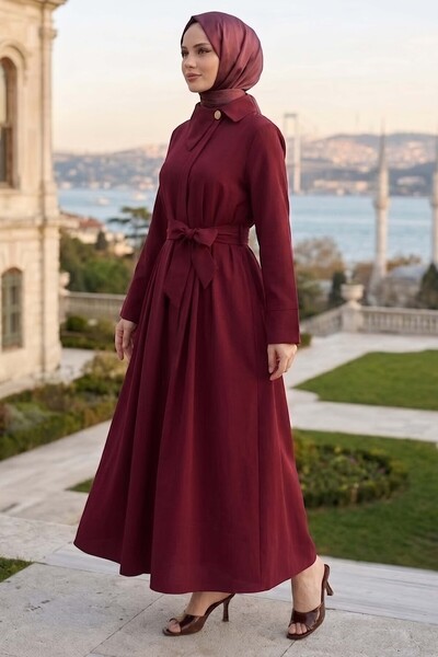 TOFİSA Düğmeli Kemerli Elbise Bordo - 28535-BORDO