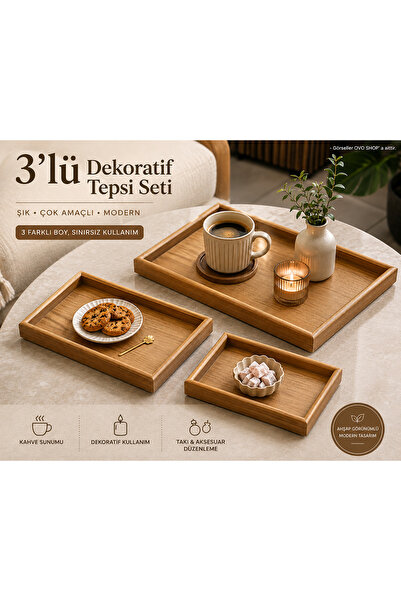 OVO SHOP Bambu Tepsi 3'lü Set Sunum ve Dekoratif Tepsi