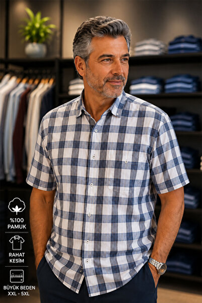 Beyome Erkek Kısa Kol Kareli Gömlek Büyük Beden XXL-4XL %100 Pamuk Nefes Alır...