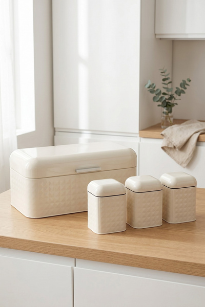 EVLE 4-Piece Embossed Metal Kitchen Set: 11.8 Lt Hinged Bread Bin and 3 Piece...