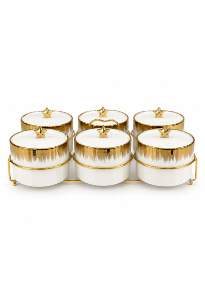 Vadi 6-Piece Porcelain Gold Breakfast Set with Lid and Metal Stand Presentation Container